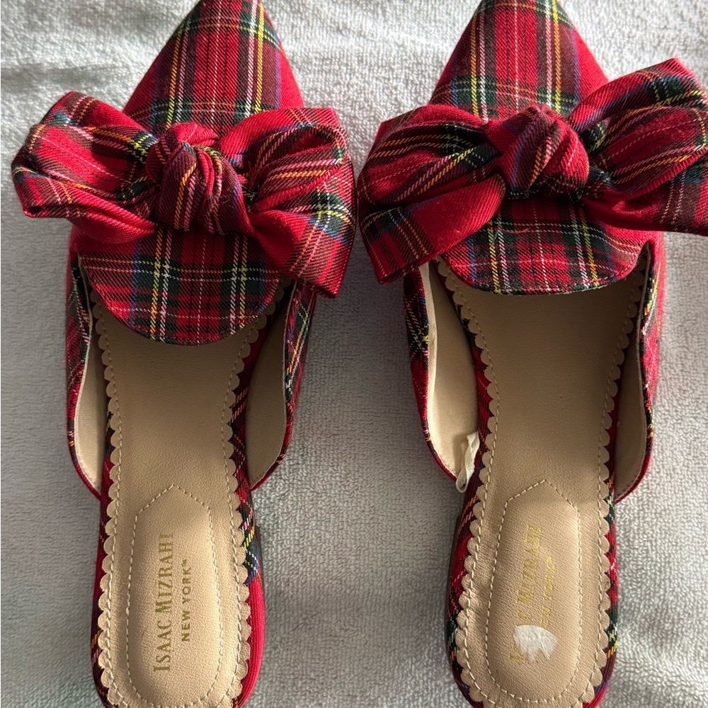 Isaac Mizrahi Red Plaid Bow Mules